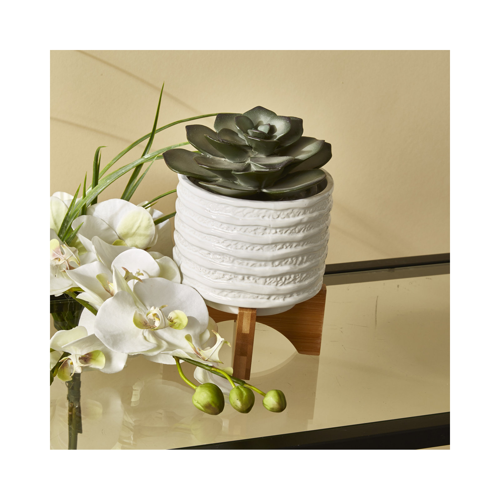 Modern Textured Ceramic Planter with Stand Indoor Outdoor, 7" H x 6" W x 6" D, White