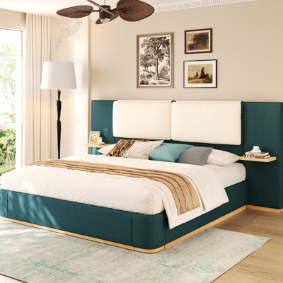 Structure de lit tapissier pour grand lit avec coins arrondis, tablettes intégrées pour téléphones et livres, tissu luxueux enveloppé, coussin de tête de lit moelleux, répartition uniforme du poids du matelas
