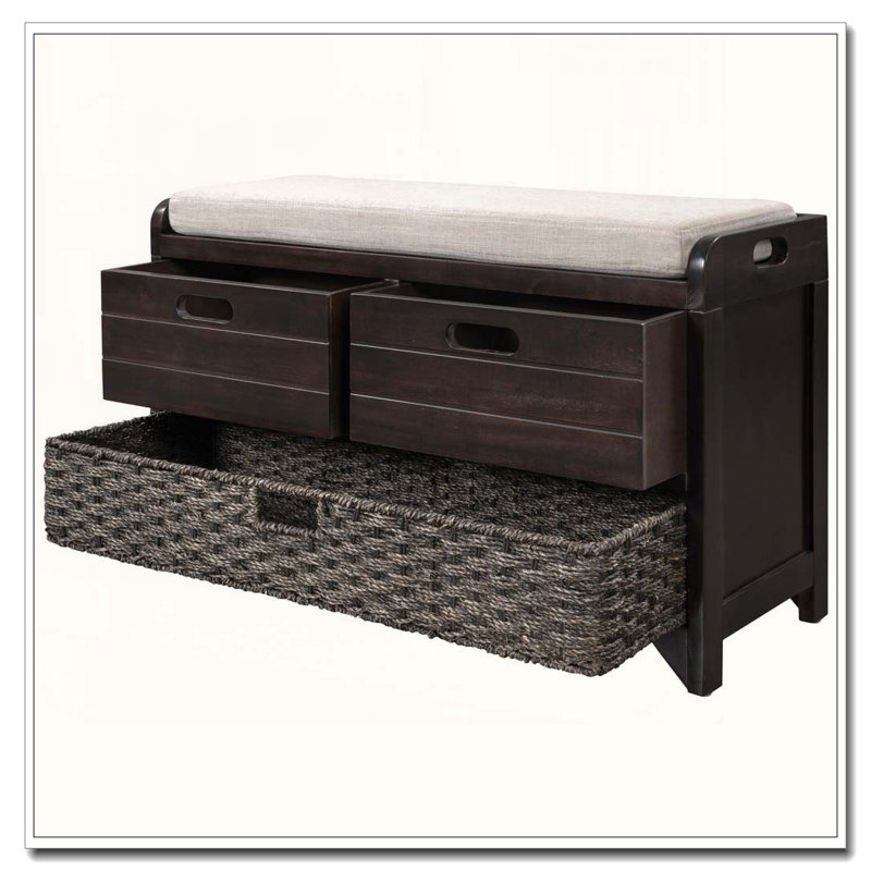 Banc de rangement entièrement assemblé avec panier amovible, 2 tiroirs et siège rembourré, Espresso