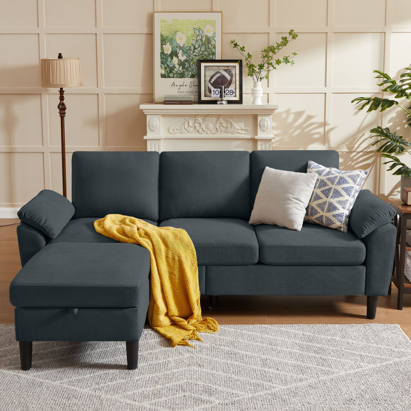 79.72" Corduroy L Shaped Sofa With Ottoman, Dark Gray Corduroy