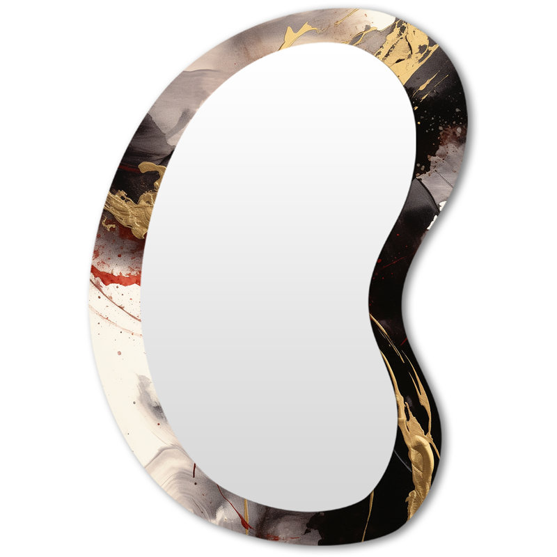 Ethann Gold and Red Fluid Fusion II - Abstract Unique Shape Decorative Mirror, Modern Asymmetrical Wall Mirror, Printed Metal Art