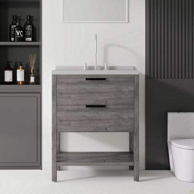 Meuble-lavabo autoportant de 30 pouces avec lavabo, porte à fermeture en douceur, comptoir et dosseret en marbre de granite blanc de 2 po, contreplaqué, gris