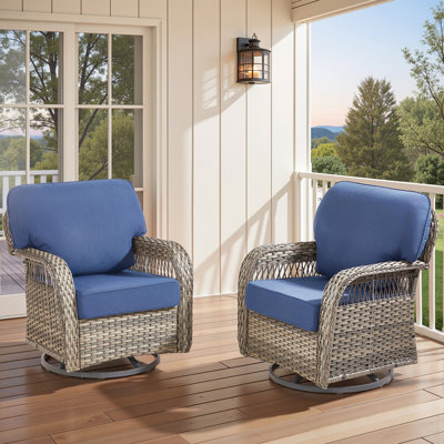 Ensemble de chaises berçantes d'extérieur, 2 chaises berçantes pivotantes en osier gris avec coussins en forme de T et mousse épaisse de 5 po, idéale pour le porche et la cour, bleu