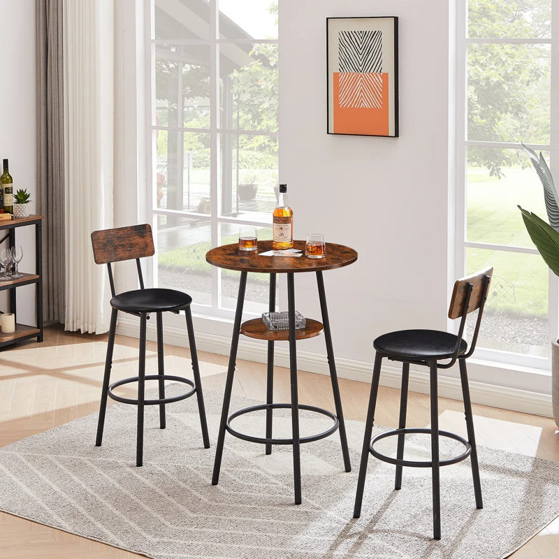 3-Piece Bar Table Set for 2, 2-Tier Round Bistro Dining Table & PU Stools, Counter Height Table, Brown 2, Brown
