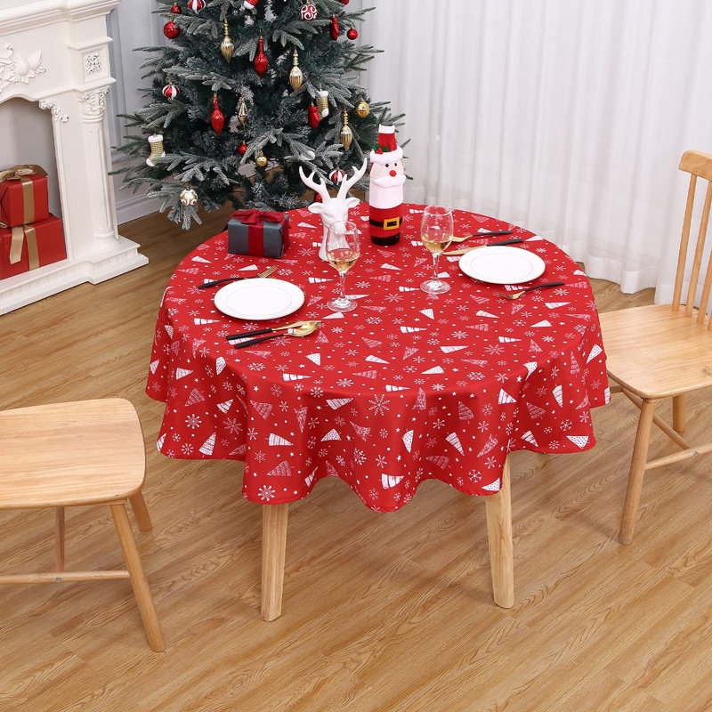Red Round Christmas Tablecloth – Waterproof Snowflake Design, Wipe Clean, Washable Holiday Table Cover for Kitchen & Dining, 60 Inch Round