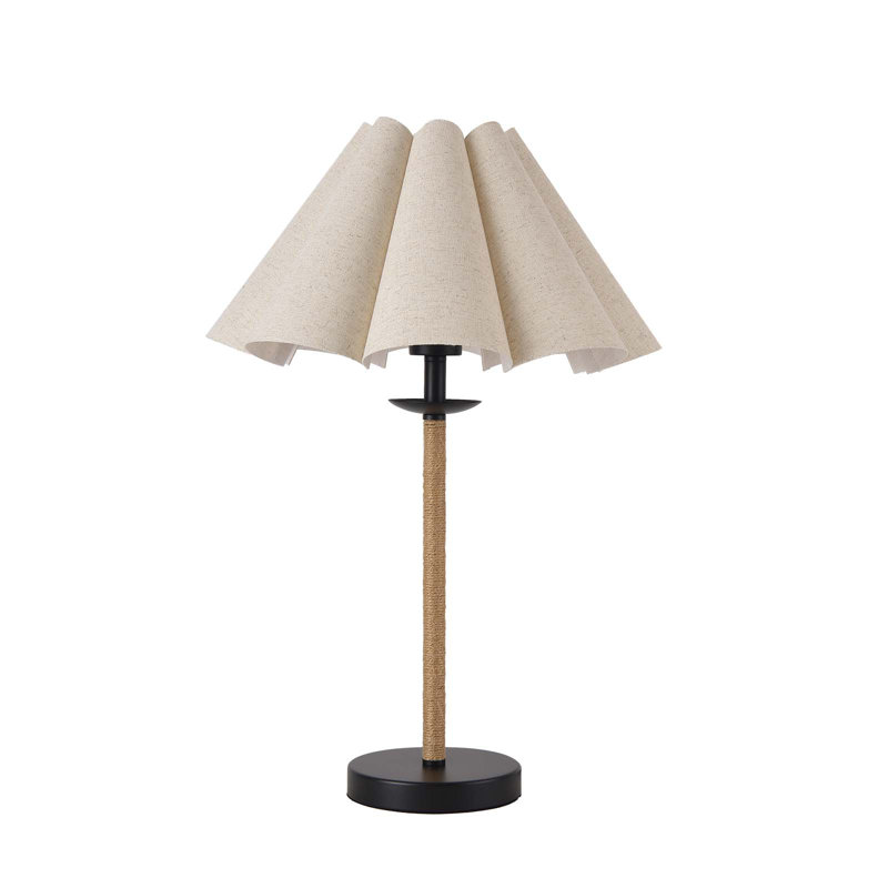 Lampe de table 22,4 po avec abat-jour en lin plissé et tige recouverte de jute, base en métal noir, douille E26