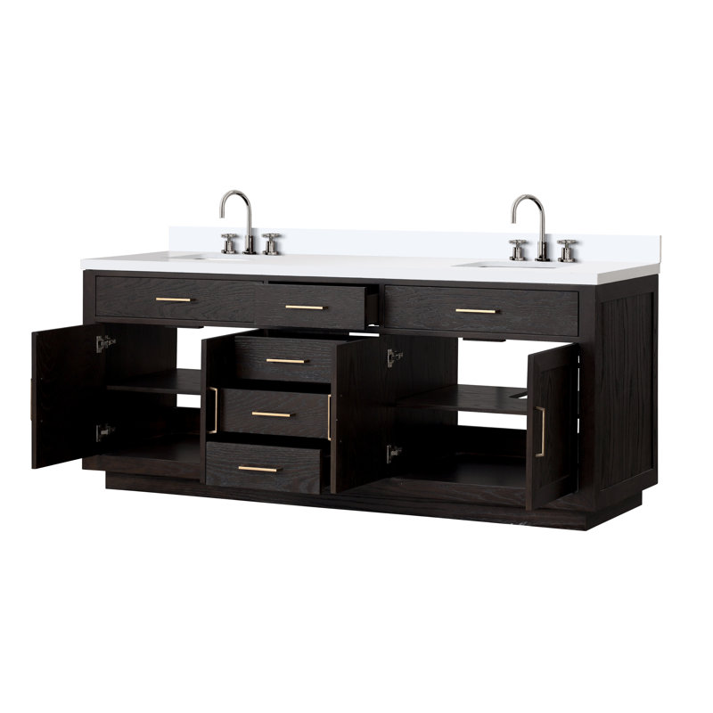 Ensemble de meuble-lavabo double en chêne l 84 po x P 22 po Abbey, Chêne gris, Marbre de culture blanc
