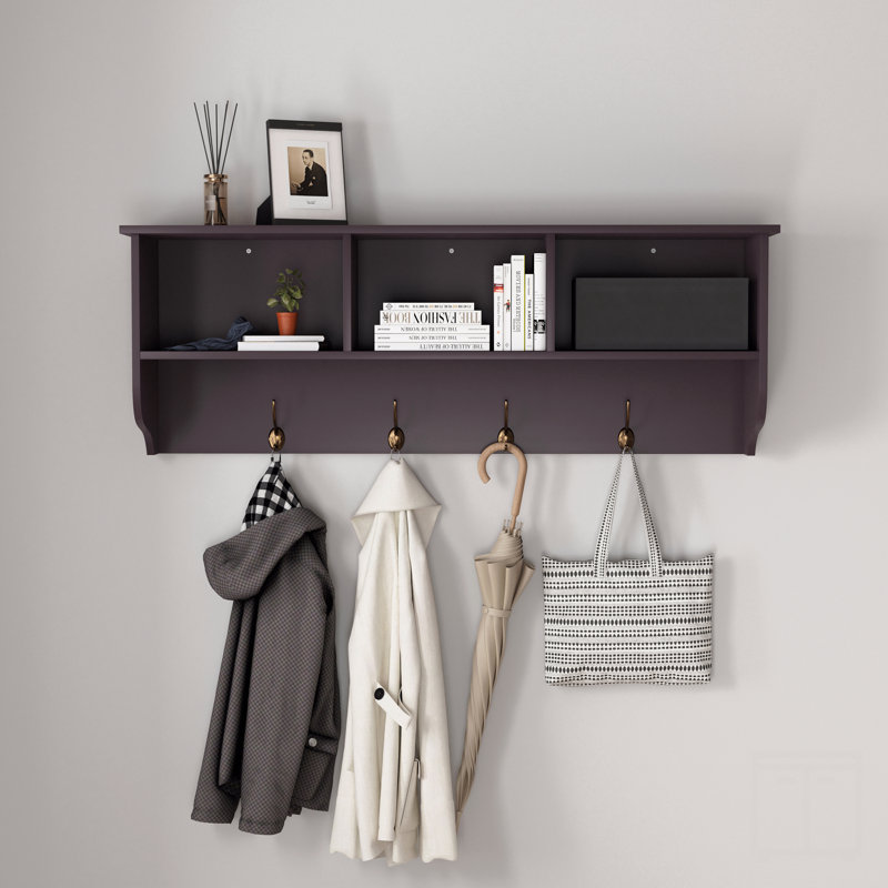 Entryway Wall Mounted Coat Rack With 4 Dual Hooks Living Room Wooden Storage Shelf, Black