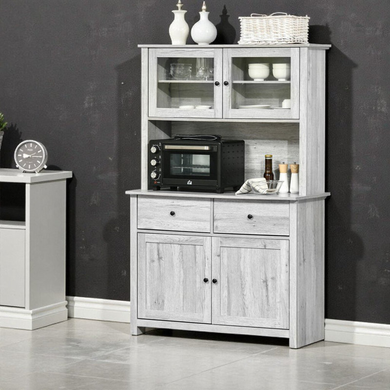 Buffet de cuisine 63,5 "gris cendré avec 4 tablettes, portes en verre, comptoir pour micro-ondes et armoire de rangement pour garde-manger