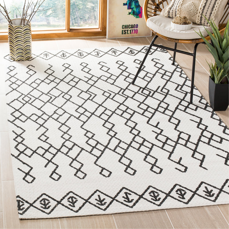 Burrell Cotton Ivory/Black Area Rug, Rectangle 8' x 10'