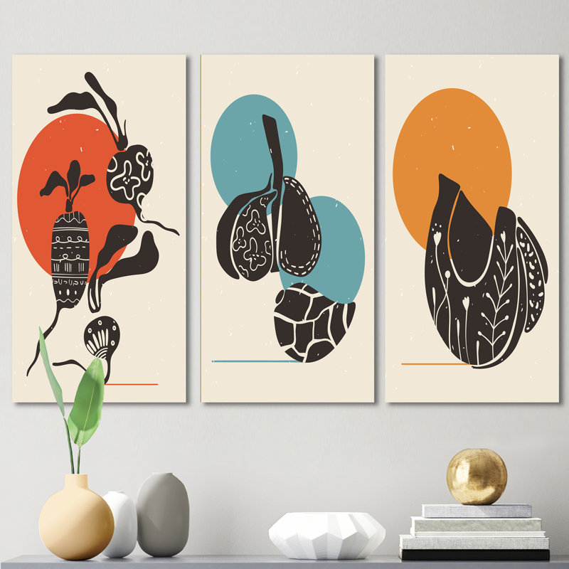 Minimaliste japonais géométrique rétro Designs III - Mid-Century, ensemble d'art moderne de 3 pièces, H 28 po x l 36 po