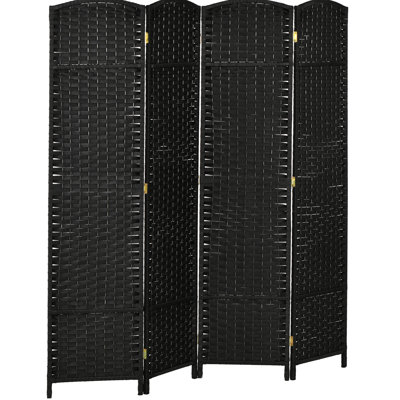 Paravent pliable à 4 panneaux, hauteur de 1,70 m. Noir, tissé à la main avec élégance et un joli sommet arqué. Parfait pour la maison, la chambre ou le bureau. Bois et sangles en polypropylène. Léger et facile à installer.