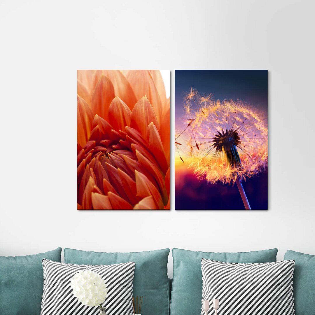 2-tlg. Leinwandbilder-Set - Fotografie „Dahlia Red Blossom Dandelion Summer Evening Glow Warm Light Positive Energy”