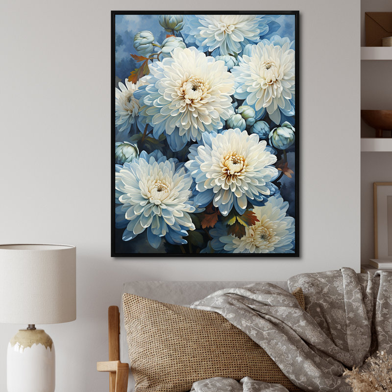 «Blue and White Mums Flowers Elegance II», reproduction sur toile, Cadre flottant noir, H 32 po x l 16 po x P 1 po