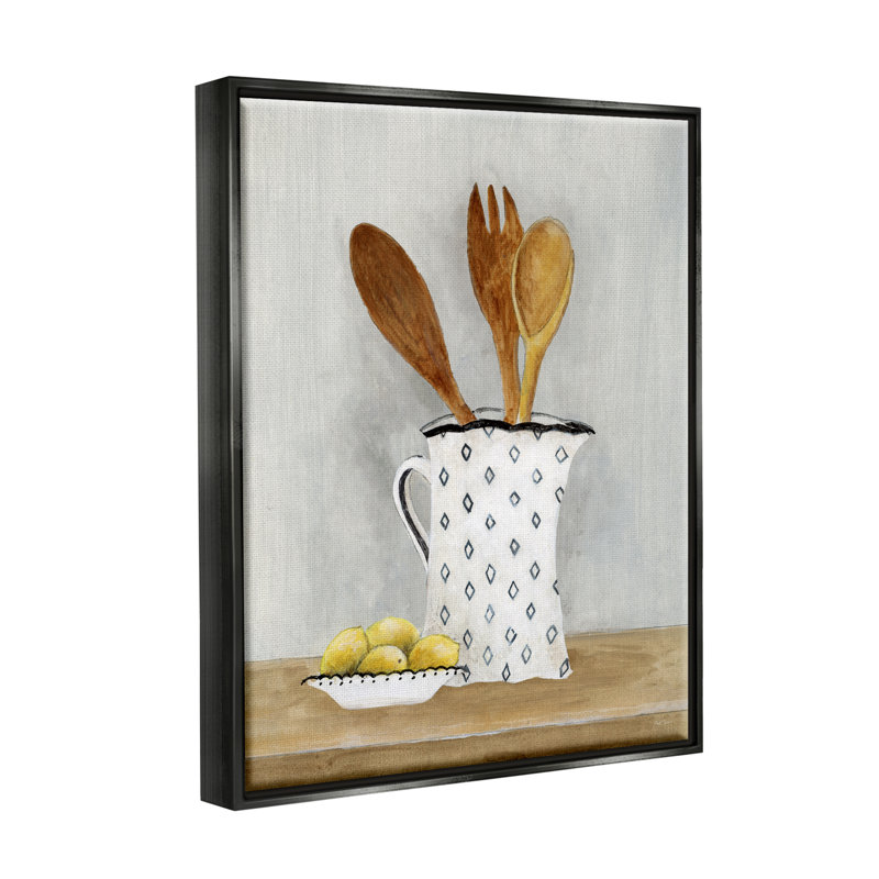 «Lemons & Utensils Kitchen» par Janet Tava - peinture à cadre flottant, Cadre flottant noir de jais