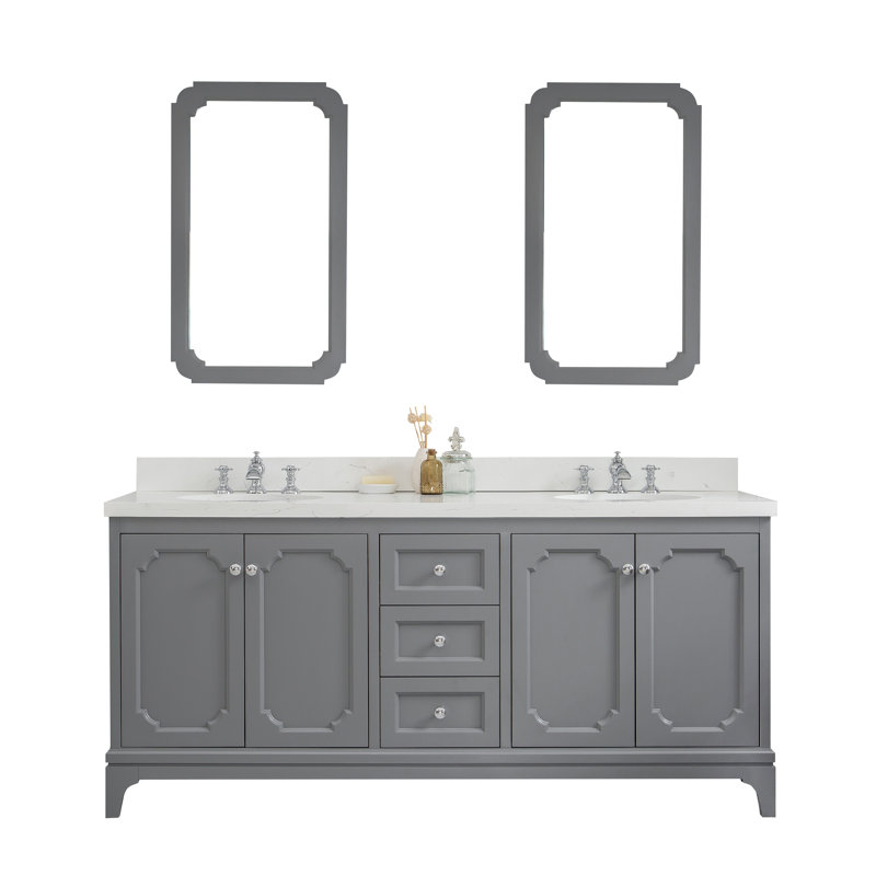 Bernardo Queen 72" Sink Carrara Quartz Countertop Bath Vanity with Faucet, Pure White, Hook