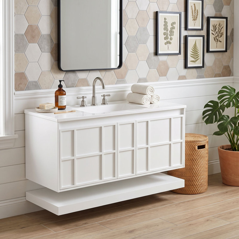Meuble-lavabo mural avec lavabo composite, 2 grands tiroirs sans poignées et tablette inférieure ouverte