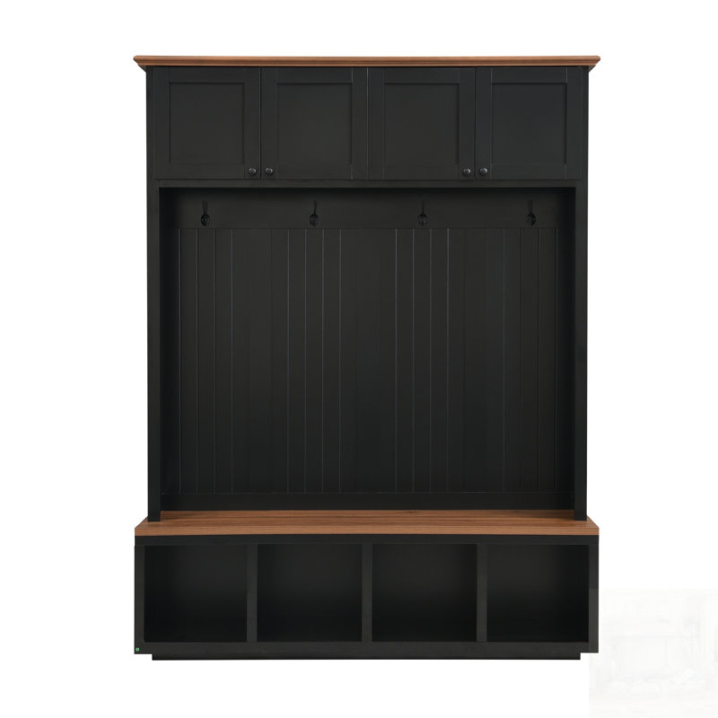 Entryway Hall Tree With Bench And Storage, Farmhouse Wood-Grain Accent, Multi-Functional Organizer For Modern Homes, Black