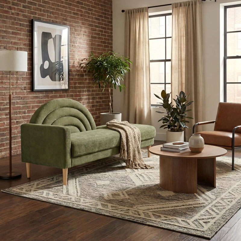 Linen Upholstered Chaise Lounge Sofa Indoor with Rainbow-Inspired Backrest & Armrest & Sturdy Wood Frame, Olive Green, Olive