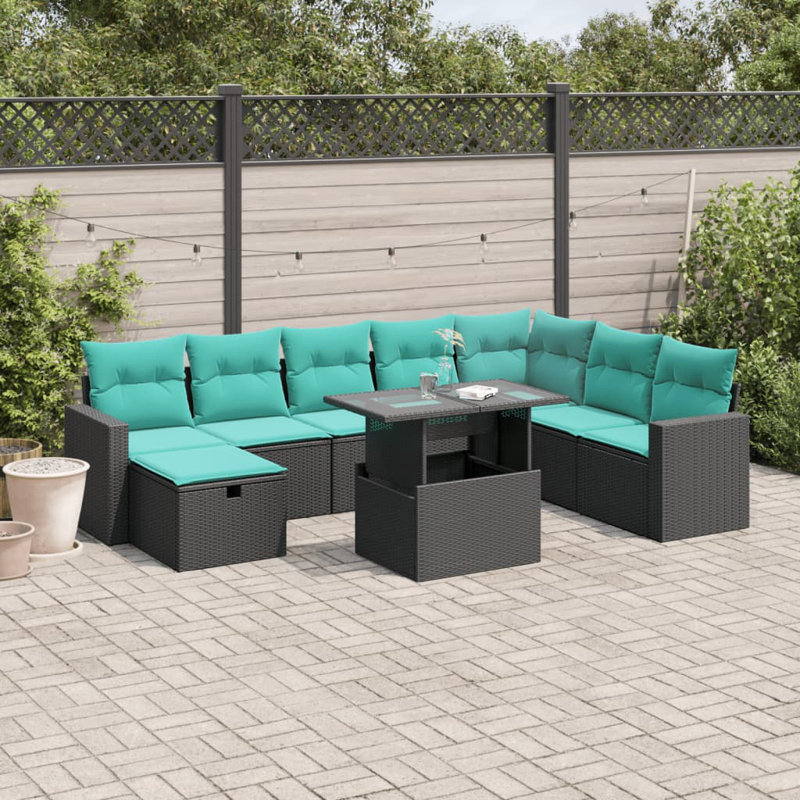  Ensemble de canapé de patio 9 pièces avec coussins en rotin de polyester, Noir, Vert
