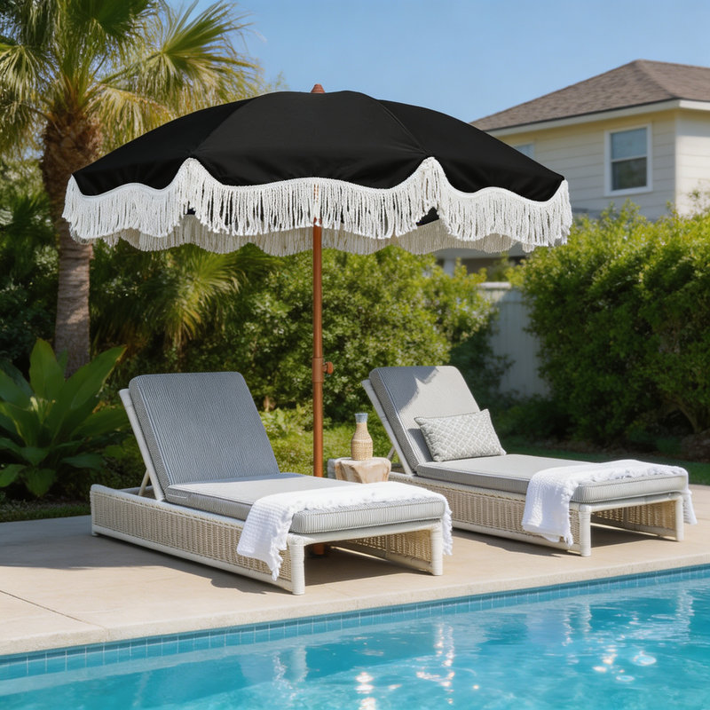 Parasol de terrasse bohémien à franges, 6,5 pi, noir noble (base non incluse), Black