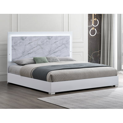 Lunigiana White Platform Panel Bed With LED Lighting