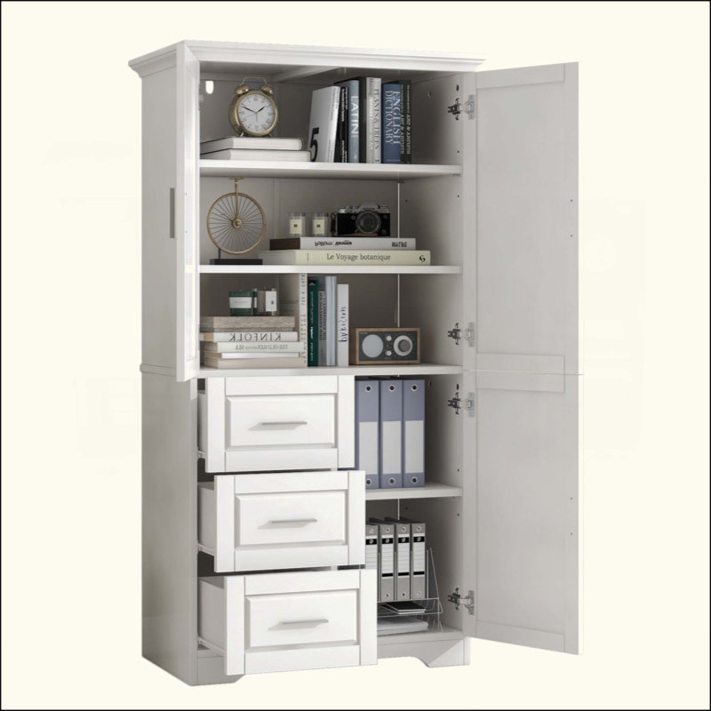 Armoire de rangement avec portes pour salle de bain / bureau, trois tiroirs, Blanc