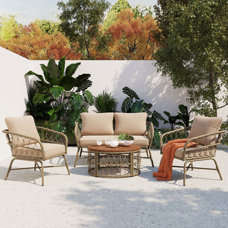 Ensemble de conversation d'extérieur 4 personnes avec coussins amovibles, ensemble de patio conversation avec plateau en bois d'inspiration bohémienne, beige