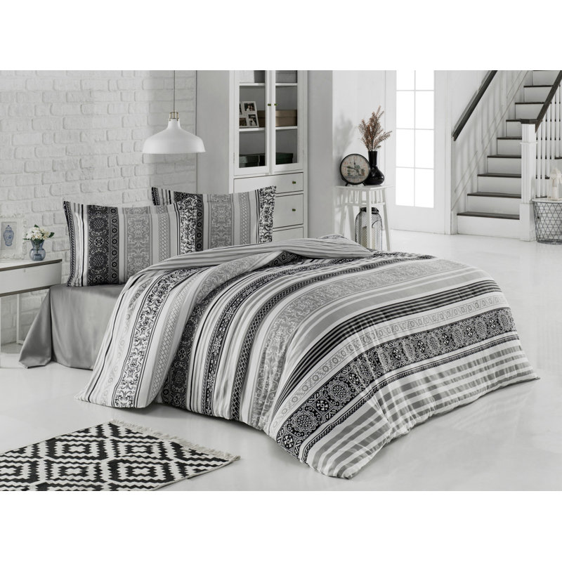 Ensemble de housse de couette double en satin de luxe, 100% coton, blanc et gris / noir | Housse de couette: 78,7 x 86,6 po, drap plat: 94,5 x 102,4 po, taies d'oreiller: 19,7 x 27,6 po (2 pièces) | 210 fils, lavable à la machine, conception élégante