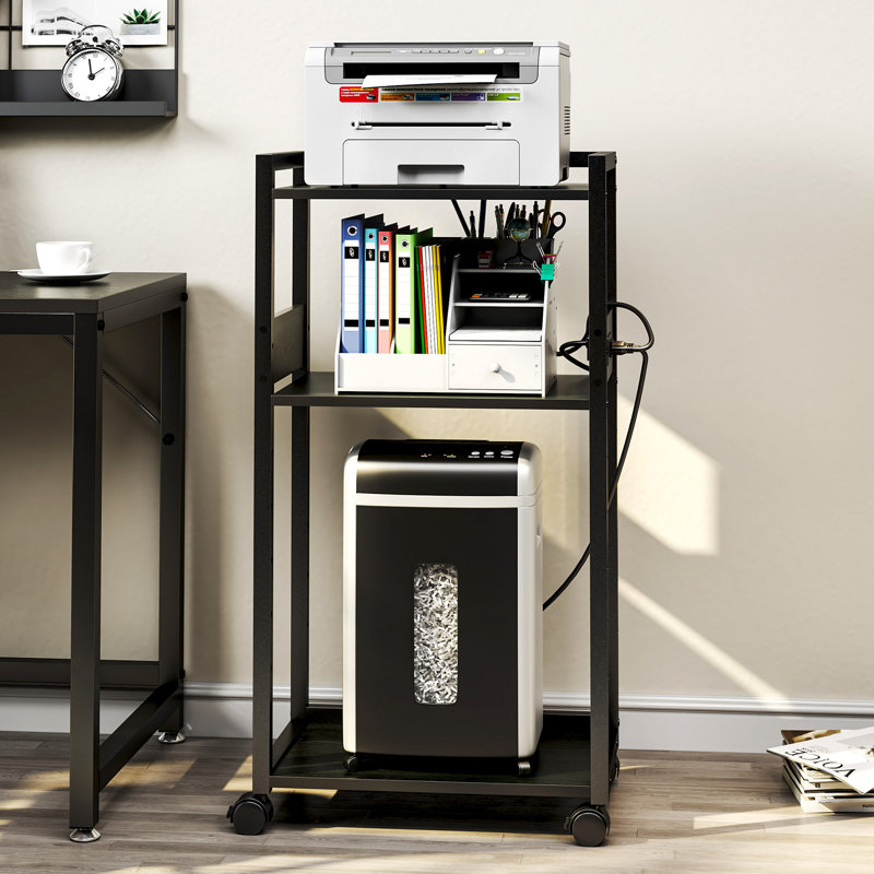 3-Tier Rolling Printer Stand Storage Rack Shelf w/ USB and Power Port, Black