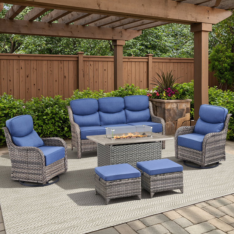 6-Piece Outdoor Wicker Sofa Conversation Set With Swivel Rockers And Fire Pit, Blue, Gray