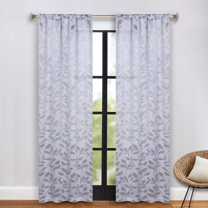  Modern Bohemian Leaves Pattern 100% Polyester Machine Washable Room Darkening Blackout Curtains, 26" W x 84" L, Silver