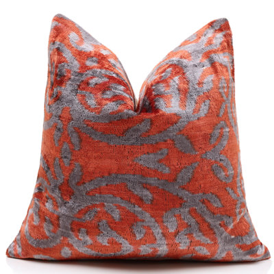 Hand-Knotted Silk Velvet Ikat Pillow - 16X16 Midnight & Silver Wave