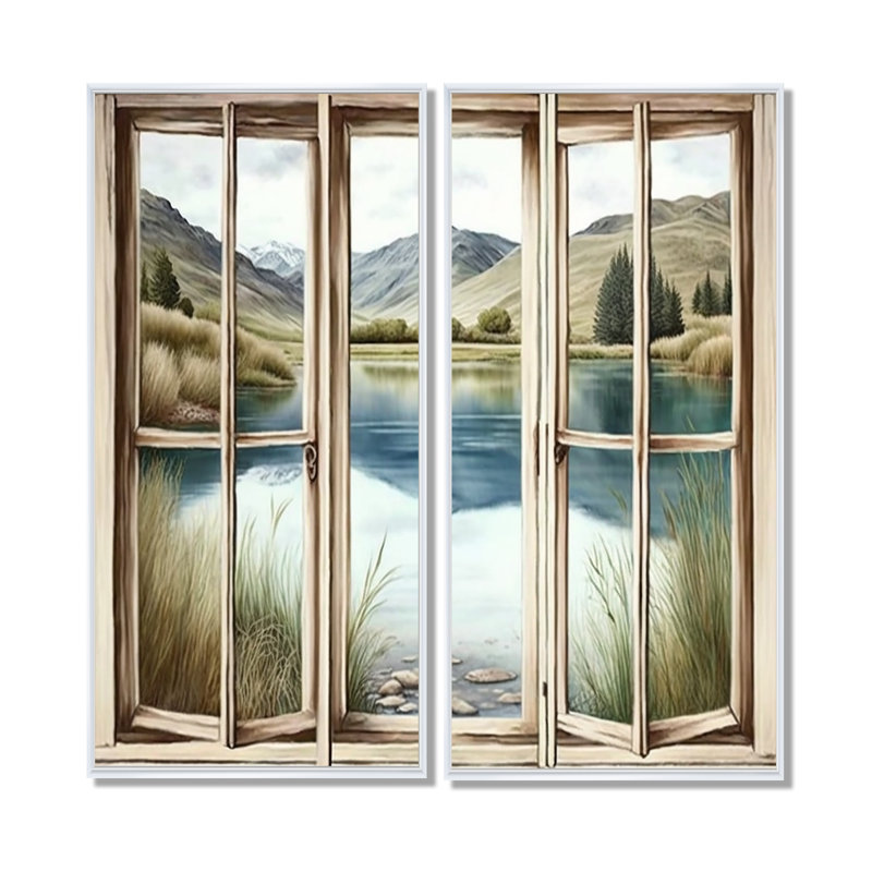 Window View To Lake - 2 impressions traditionnelles sur toile, 32'' H x 32'' W, Impression encadrée flottante, White