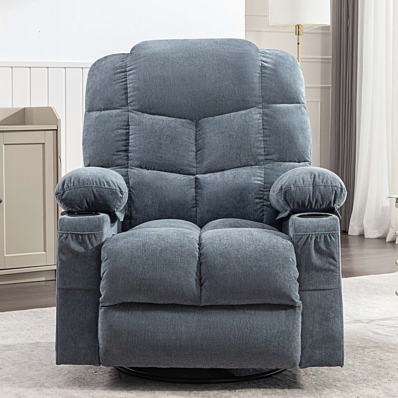 Fauteuil inclinable et berçant avec 2 porte-gobelets, port de charge USB doux et massage manuel et chaleur, Bleu