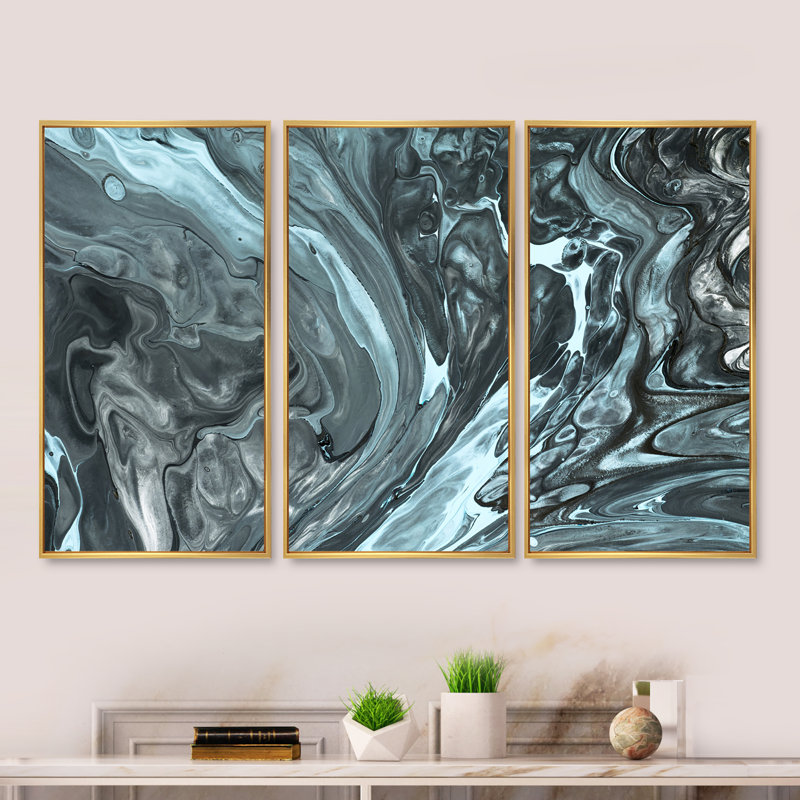 Gris et turquoise, art liquide - ensemble d'art moderne sur toile encadrée moderne de 3, H 32 po x l 48 po, Or