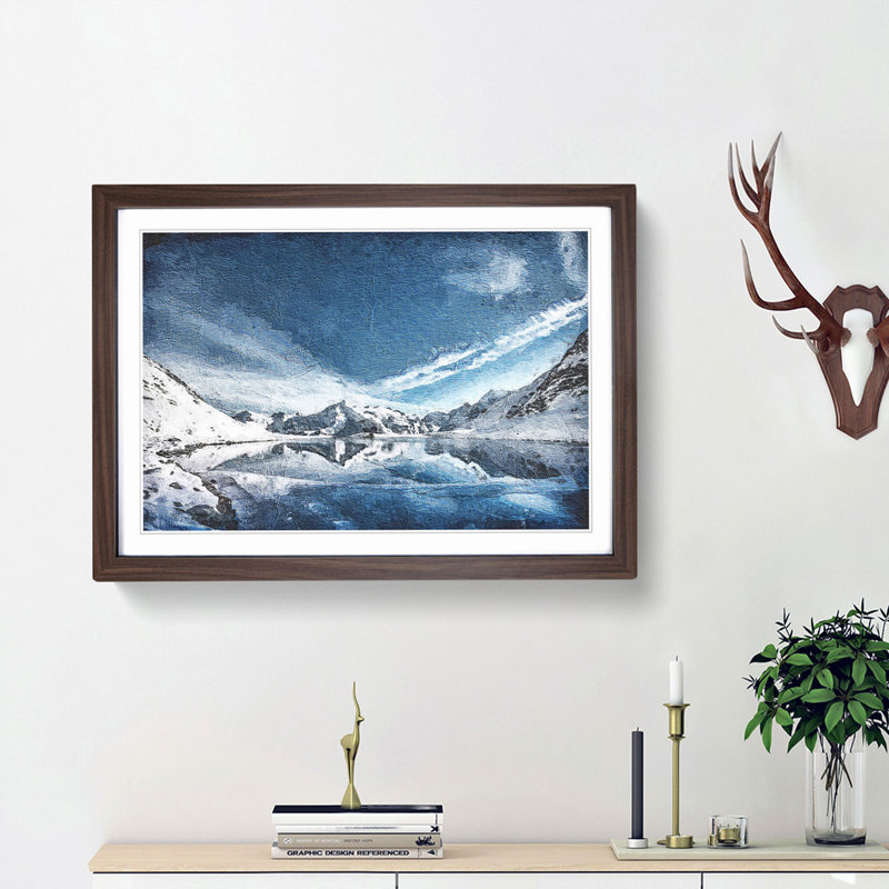 Winter Mountain Reflection - Picture Frame Painting Print, 36cm H x 48cm W x 2cm D, Walnut Framed