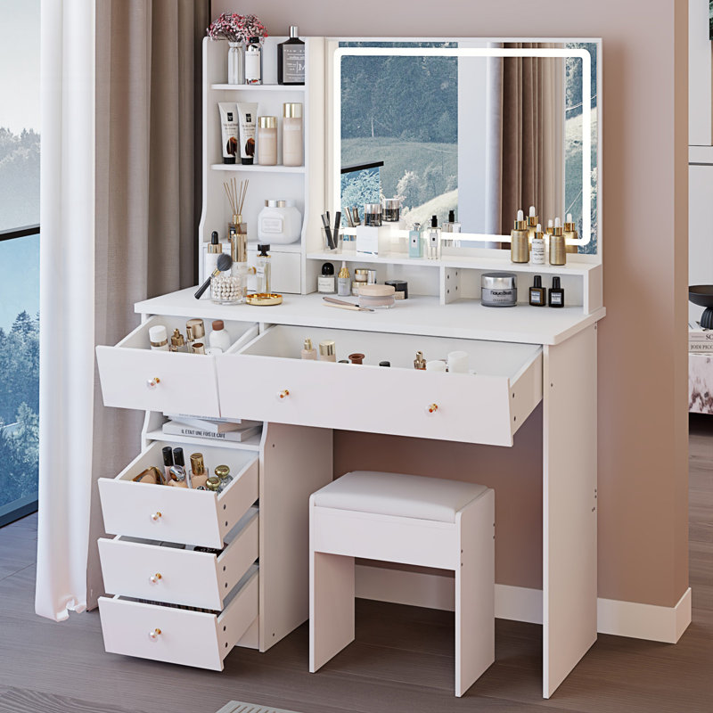 Table de coiffeuse de grande taille avec tiroir à gauche et tabouret rembourré, très grand miroir à DEL tactile, Blanc