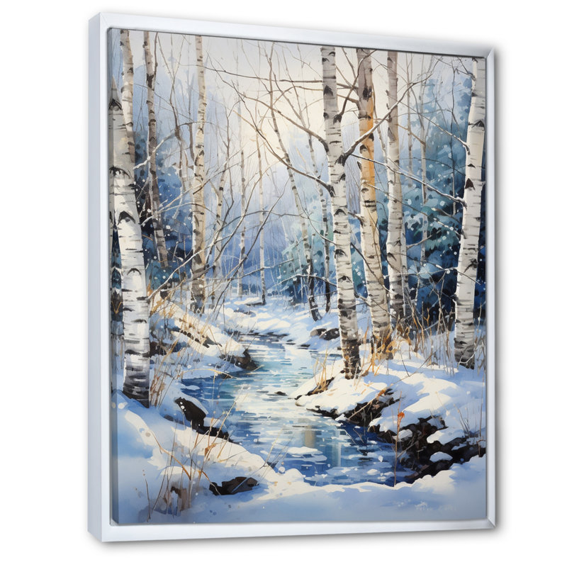 Vonny Birch Woods Winter Moonrise I - Tree Birch, art mural, H 44 po x l 34 po x P 1,5 po, Cadre flottant blanc