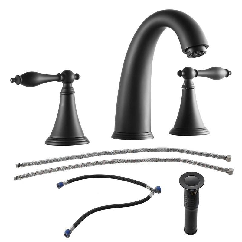 Matte Black Bathroom Faucet System - 2 Handle Widespread 3 Hole With Drain Sink Piece Pop Up Drain, Lines, Matte Black