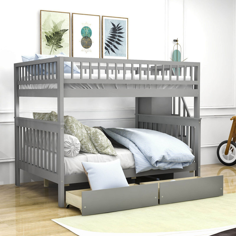 Lit superposé double en bois avec 2 tiroirs et tablettes, gris