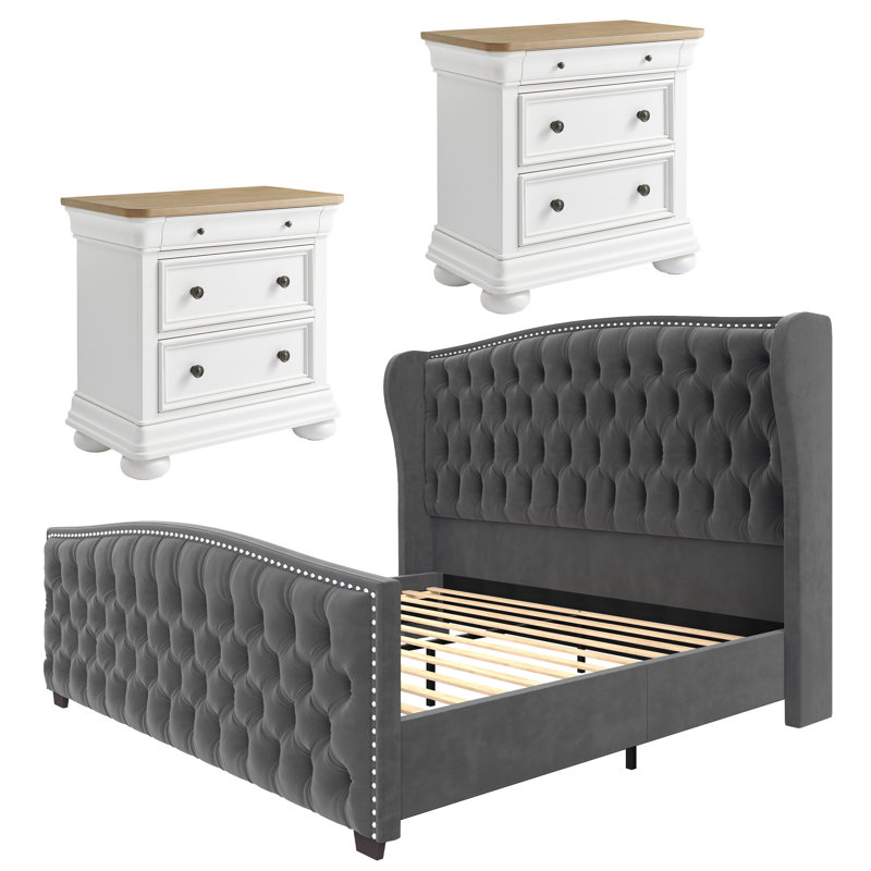 3-Pieces Classic Vintage & Contemporary California King Bedroom Set, Gray, California King, Gray 