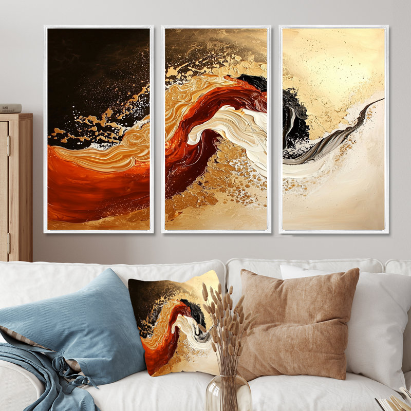 «Red and Golden Desert Wave II», ensemble d'art mural paysages abstraits, H 32 po x l 48 po, Reproduction avec cadre flottant