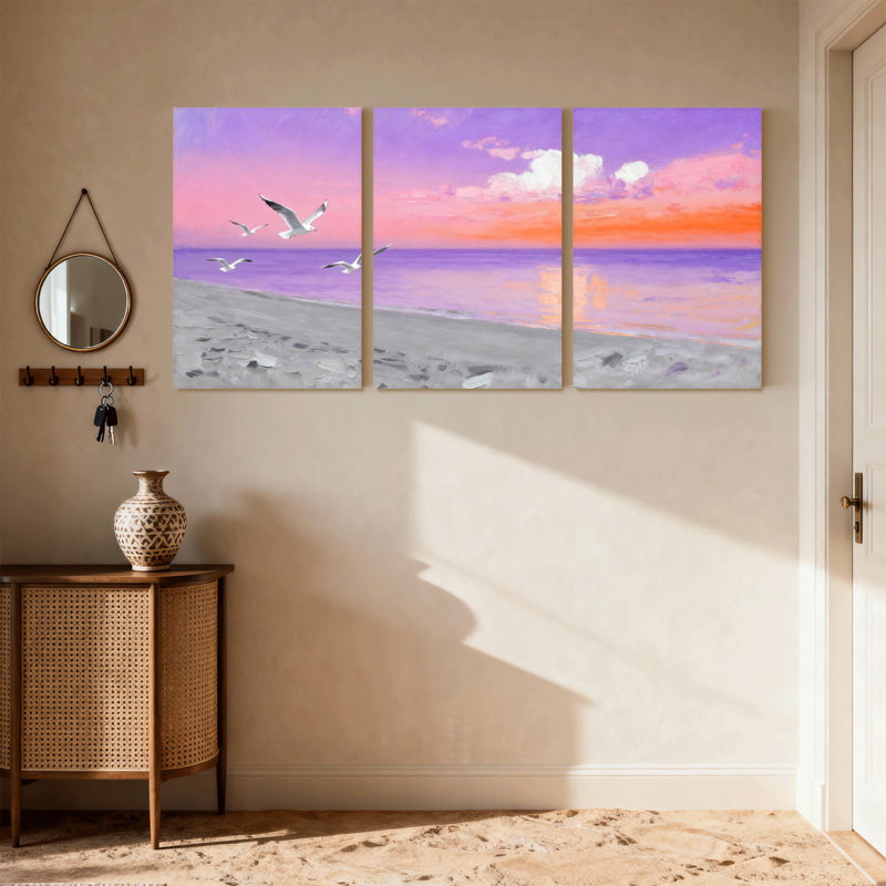 Plage, ciel mauve, coucher de soleil, mouettes, vagues de l'océan, ensemble de 3 impressions sur toile, H 24 po x l 48 po