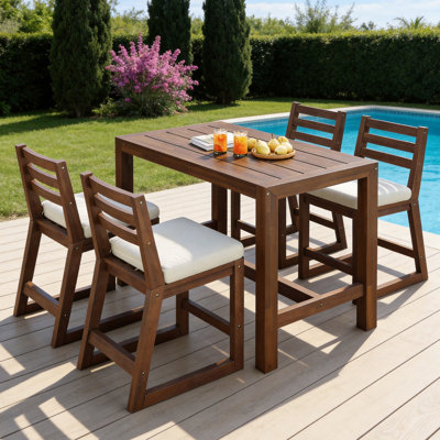 Rustic 5-Piece Acacia Wood Outdoor Bar Set with Cushions for Patio, Garden, or Poolside