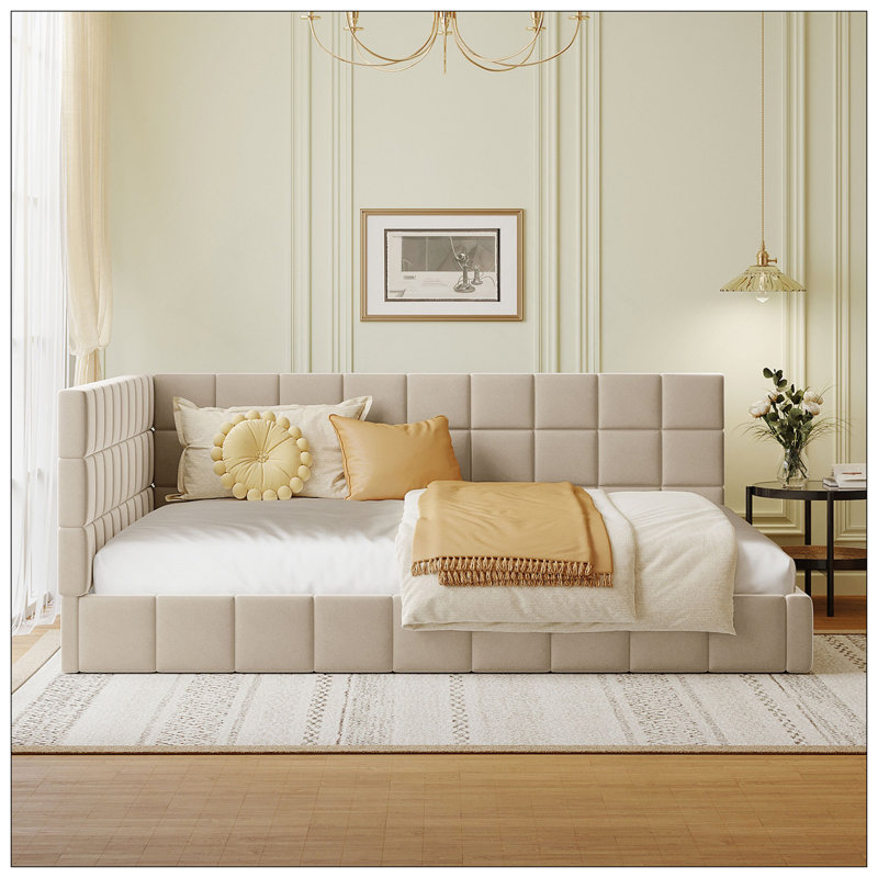 Full Size Upholstered Daybed/Sofa Bed Frame-Beige, Velvet