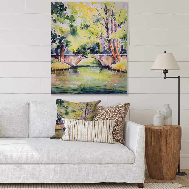 Pont sur la rivière dans un parc verdoyant - peinture sur toile, H 32 po x l 16 po, Toile tendue