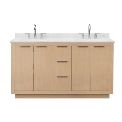 Maroni 60 Inch Double Bathroom Vanity in Light Straw, Carrara Cultured Marble Countertop, Undermount Square Sinks (3-Hole), Brushed Nickel Trim