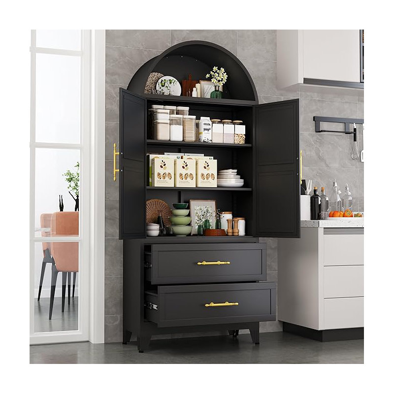 73" Metal Arched Display Cabinet with 2 Drawers, Tall Bookcase 2-Tier Storage Pantry Cabinet with 2 Adjustable Shelves for Collectibles, Glass Display Black