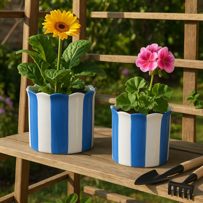 Ceramic Outdoor Planters - Striped Flower Pots With Scalloped Edge - Indoor Planter For Plants, Flowers, Herbs, Or Patio Garden Decor - Set 2, 8", 6"